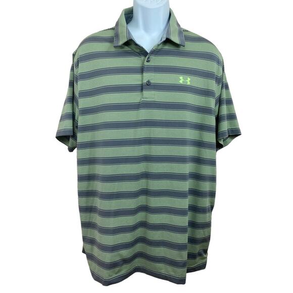 Men's Under Armour Loose Heatgear Polo Shirt Sz XL Green Gray Striped Athletic - Picture 3 of 6